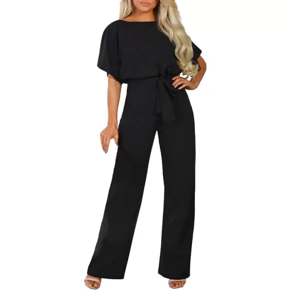 Happy Sailed Women Casual Loose Short Sleeve Belted Wide Leg Pant Romper Jumpsuits