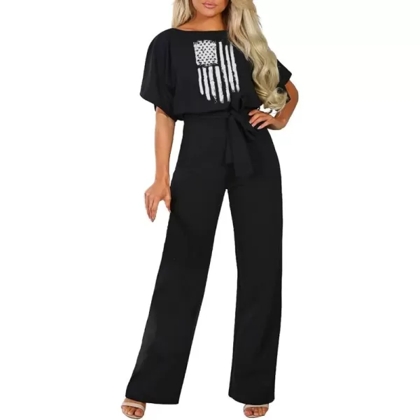 Happy Sailed Women Casual Loose Short Sleeve Belted Wide Leg Pant Romper Jumpsuits