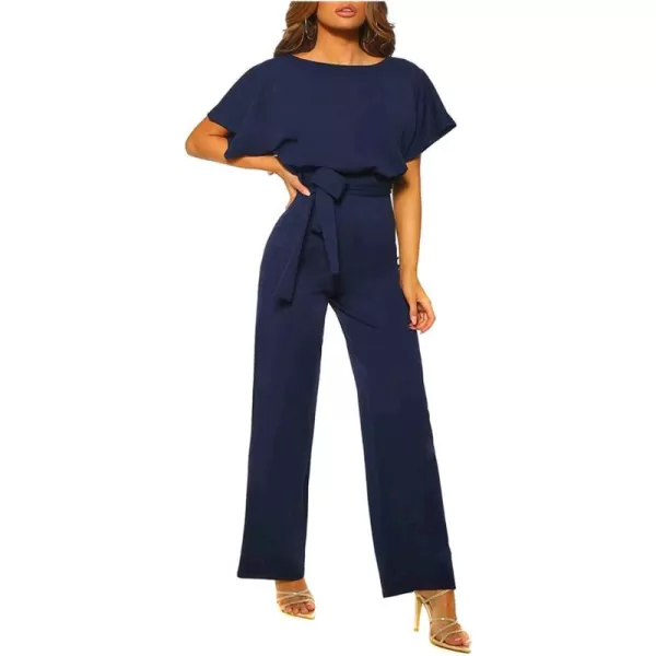 Happy Sailed Women Casual Loose Short Sleeve Belted Wide Leg Pant Romper Jumpsuits