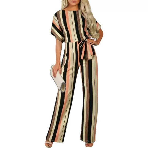 Happy Sailed Women Casual Loose Short Sleeve Belted Wide Leg Pant Romper Jumpsuits