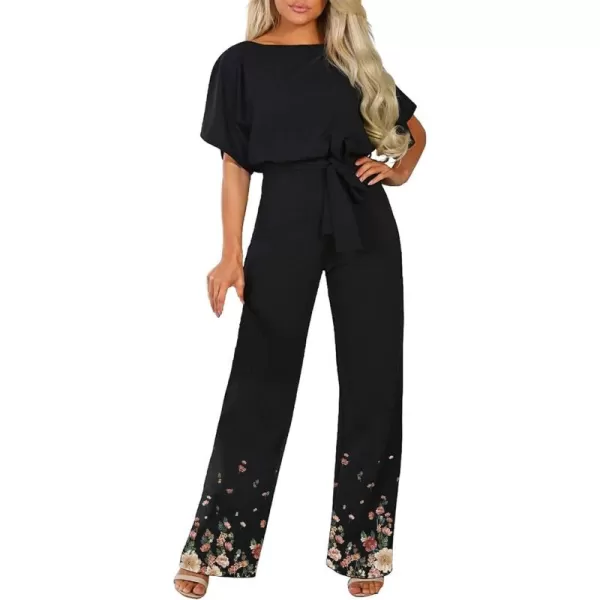 Happy Sailed Women Casual Loose Short Sleeve Belted Wide Leg Pant Romper Jumpsuits