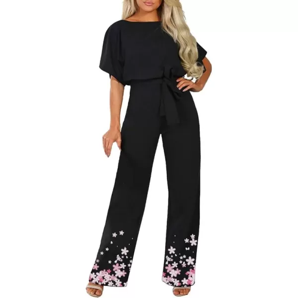 Happy Sailed Women Casual Loose Short Sleeve Belted Wide Leg Pant Romper Jumpsuits