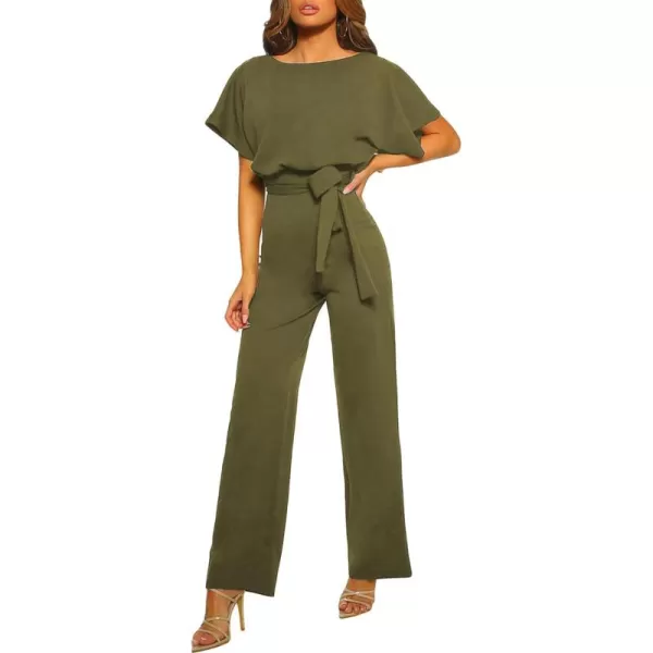 Happy Sailed Women Casual Loose Short Sleeve Belted Wide Leg Pant Romper Jumpsuits