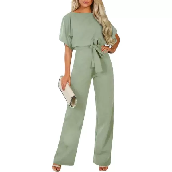 Happy Sailed Women Casual Loose Short Sleeve Belted Wide Leg Pant Romper Jumpsuits