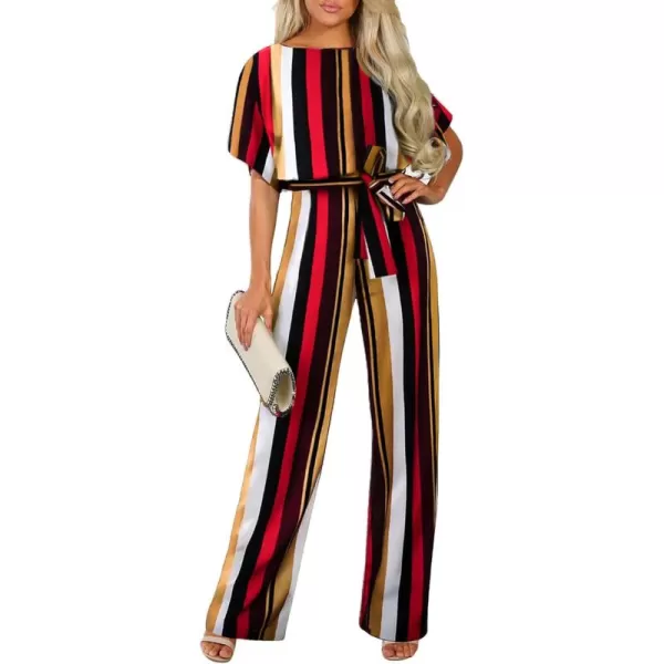 Happy Sailed Women Casual Loose Short Sleeve Belted Wide Leg Pant Romper Jumpsuits