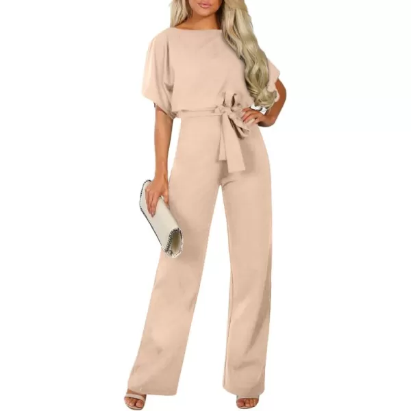 Happy Sailed Women Casual Loose Short Sleeve Belted Wide Leg Pant Romper Jumpsuits