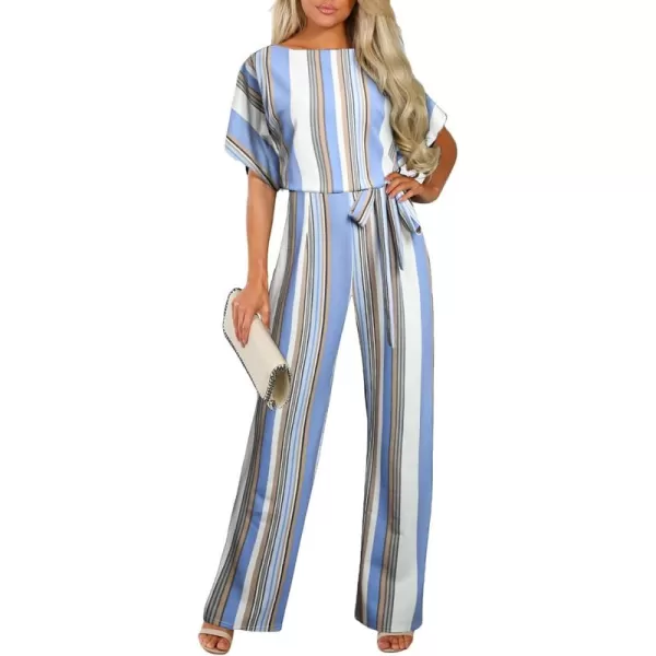Happy Sailed Women Casual Loose Short Sleeve Belted Wide Leg Pant Romper Jumpsuits
