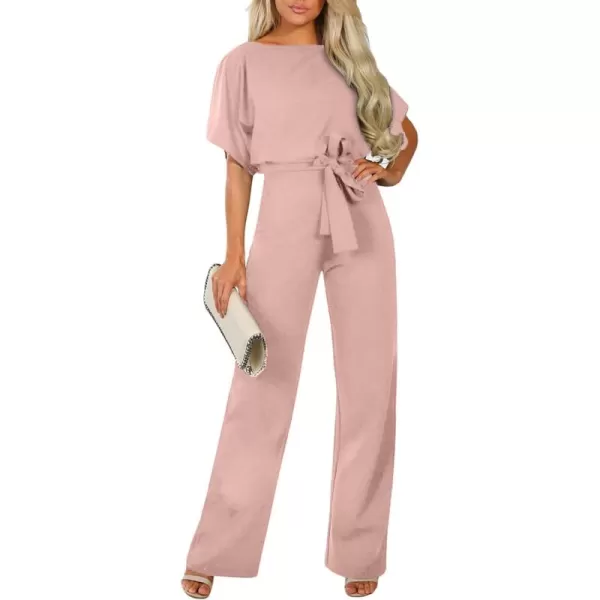 Happy Sailed Women Casual Loose Short Sleeve Belted Wide Leg Pant Romper Jumpsuits
