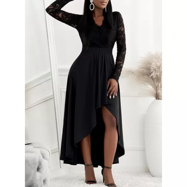 Happy Sailed Womens Floral Lace Long Sleeve V Neck Hi Low A-Line Cocktail Party Dress