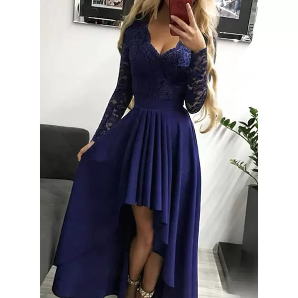 Happy Sailed Womens Floral Lace Long Sleeve V Neck Hi Low A-Line Cocktail Party Dress