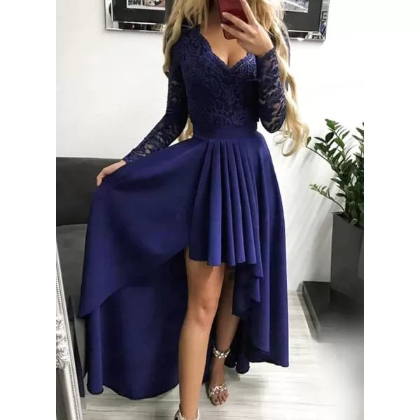Happy Sailed Womens Floral Lace Long Sleeve V Neck Hi Low A-Line Cocktail Party Dress