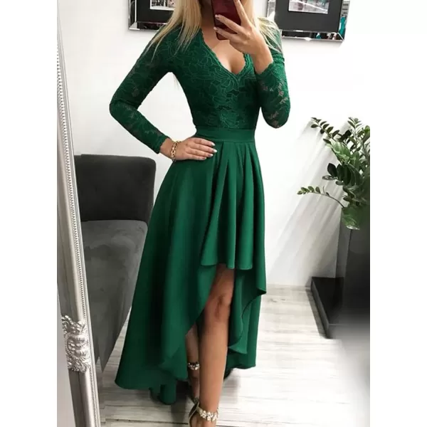 Happy Sailed Womens Floral Lace Long Sleeve V Neck Hi Low A-Line Cocktail Party Dress