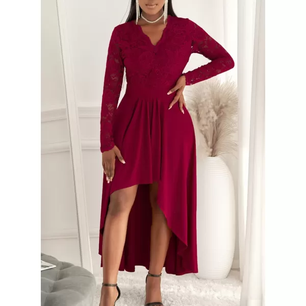 Happy Sailed Womens Floral Lace Long Sleeve V Neck Hi Low A-Line Cocktail Party Dress