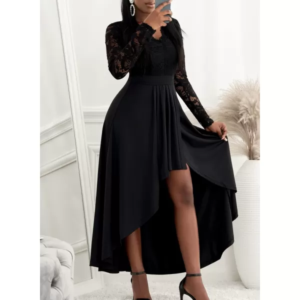 Happy Sailed Womens Floral Lace Long Sleeve V Neck Hi Low A-Line Cocktail Party Dress