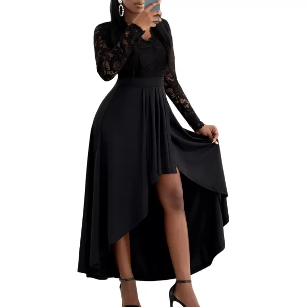 Happy Sailed Womens Floral Lace Long Sleeve V Neck Hi Low A-Line Cocktail Party Dress