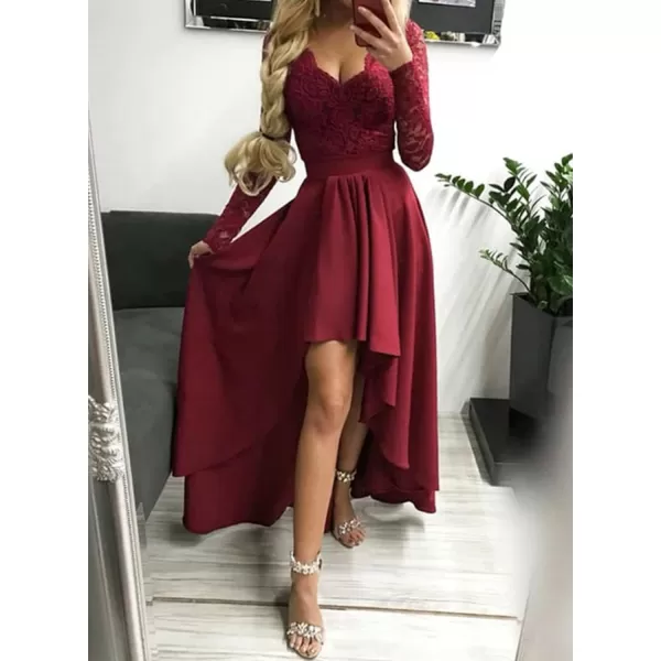 Happy Sailed Womens Floral Lace Long Sleeve V Neck Hi Low A-Line Cocktail Party Dress