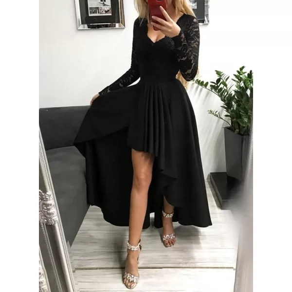 Happy Sailed Womens Floral Lace Long Sleeve V Neck Hi Low A-Line Cocktail Party Dress