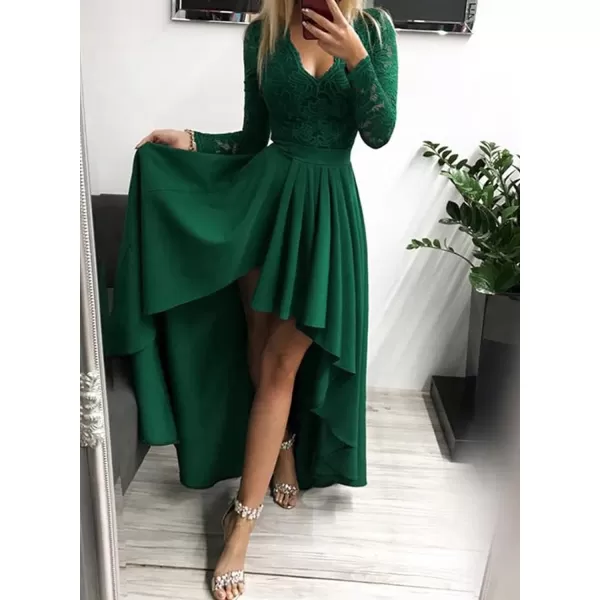 Happy Sailed Womens Floral Lace Long Sleeve V Neck Hi Low A-Line Cocktail Party Dress