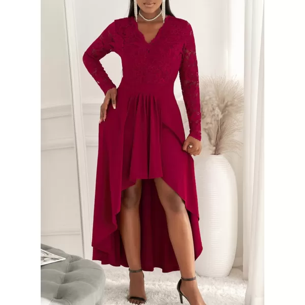 Happy Sailed Womens Floral Lace Long Sleeve V Neck Hi Low A-Line Cocktail Party Dress