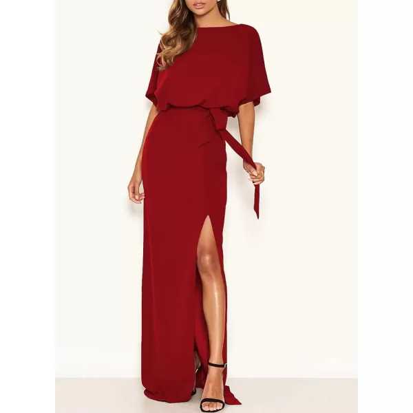 Happy Sailed Womens Formal Dress Batwing Sleeve Waist Belted High Slit Long Maxi Cocktail Party Dresses Evening Gown
