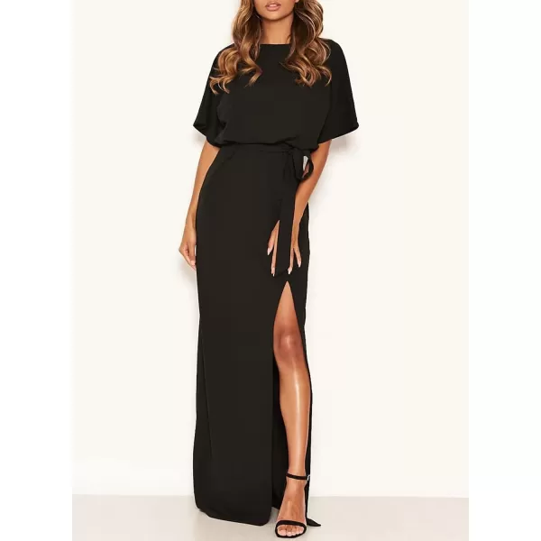 Happy Sailed Womens Formal Dress Batwing Sleeve Waist Belted High Slit Long Maxi Cocktail Party Dresses Evening Gown