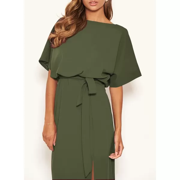Happy Sailed Womens Formal Dress Batwing Sleeve Waist Belted High Slit Long Maxi Cocktail Party Dresses Evening Gown