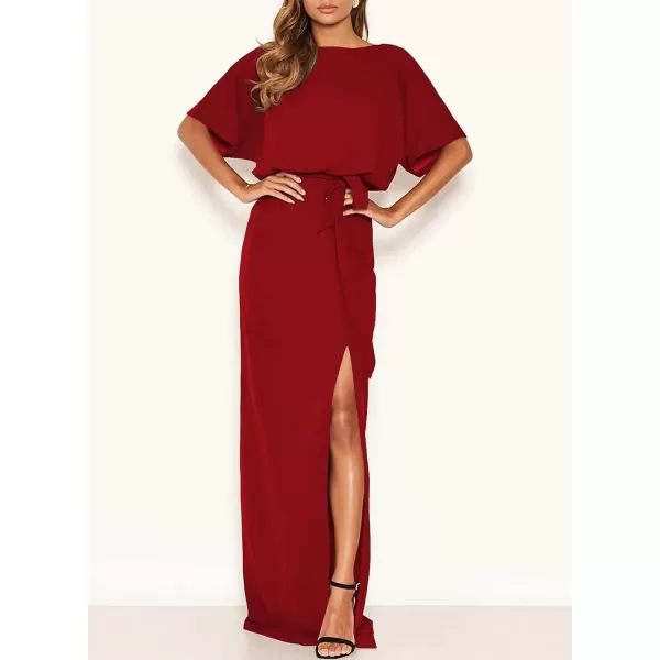 Happy Sailed Womens Formal Dress Batwing Sleeve Waist Belted High Slit Long Maxi Cocktail Party Dresses Evening Gown