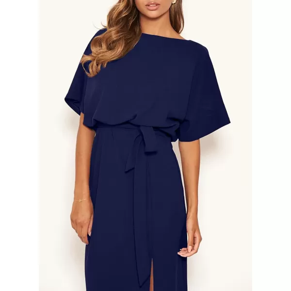 Happy Sailed Womens Formal Dress Batwing Sleeve Waist Belted High Slit Long Maxi Cocktail Party Dresses Evening Gown