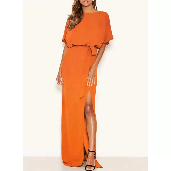 Happy Sailed Womens Formal Dress Batwing Sleeve Waist Belted High Slit Long Maxi Cocktail Party Dresses Evening Gown