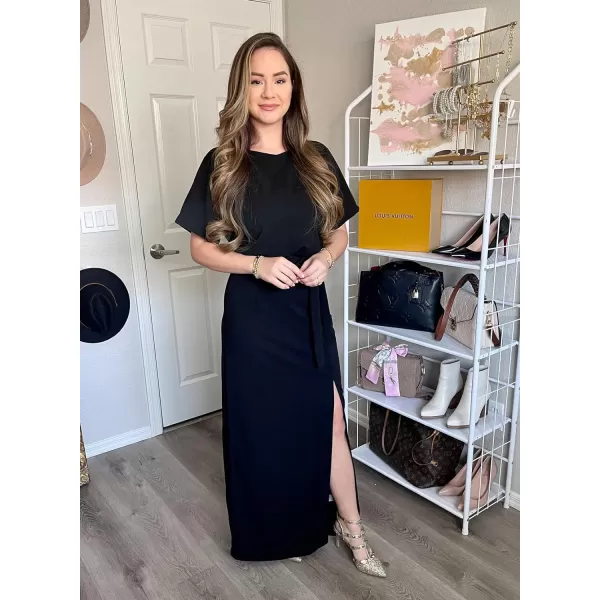 Happy Sailed Womens Formal Dress Batwing Sleeve Waist Belted High Slit Long Maxi Cocktail Party Dresses Evening Gown