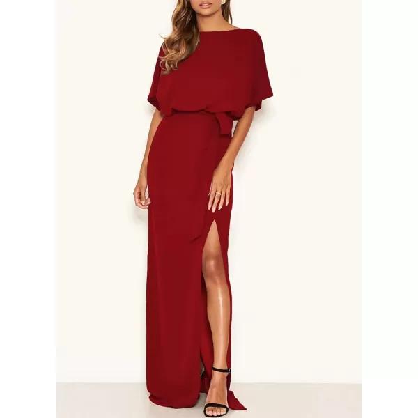 Happy Sailed Womens Formal Dress Batwing Sleeve Waist Belted High Slit Long Maxi Cocktail Party Dresses Evening Gown