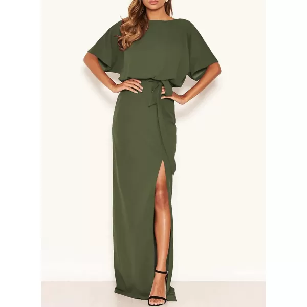 Happy Sailed Womens Formal Dress Batwing Sleeve Waist Belted High Slit Long Maxi Cocktail Party Dresses Evening Gown