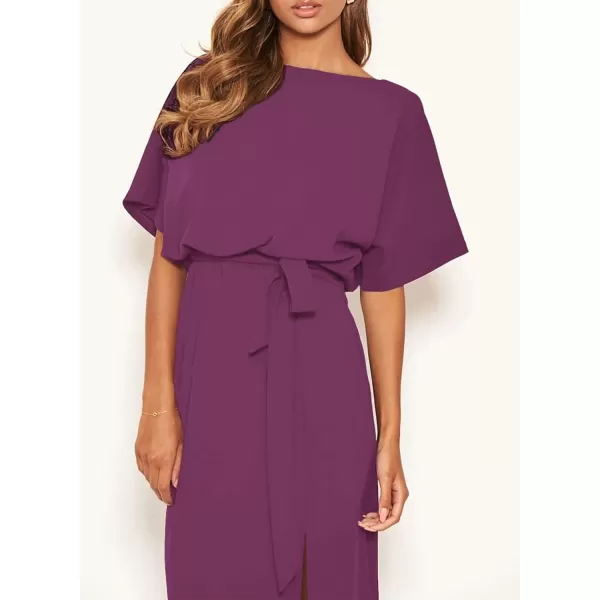 Happy Sailed Womens Formal Dress Batwing Sleeve Waist Belted High Slit Long Maxi Cocktail Party Dresses Evening Gown