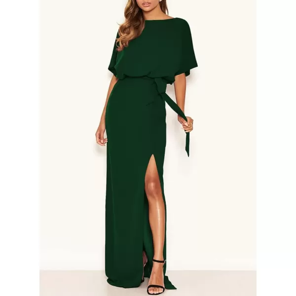 Happy Sailed Womens Formal Dress Batwing Sleeve Waist Belted High Slit Long Maxi Cocktail Party Dresses Evening Gown