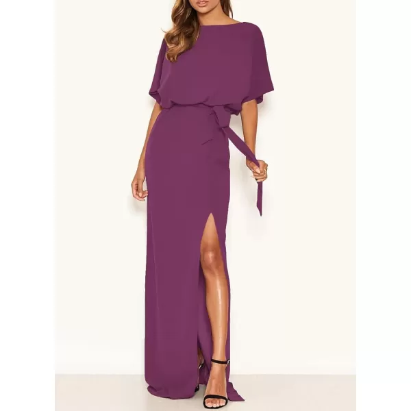 Happy Sailed Womens Formal Dress Batwing Sleeve Waist Belted High Slit Long Maxi Cocktail Party Dresses Evening Gown