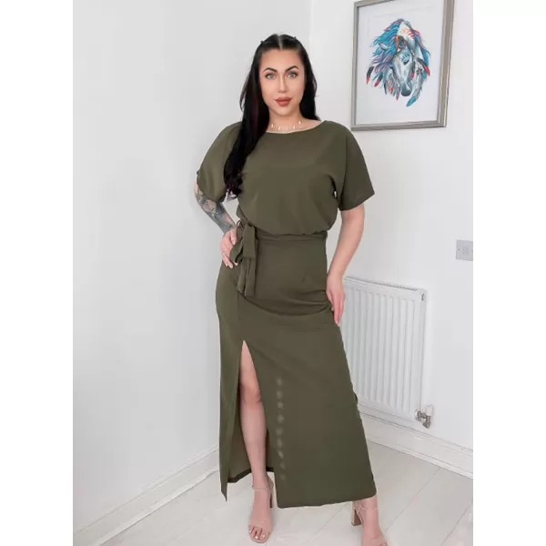 Happy Sailed Womens Formal Dress Batwing Sleeve Waist Belted High Slit Long Maxi Cocktail Party Dresses Evening Gown