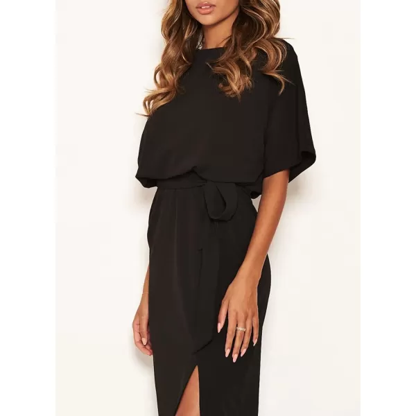 Happy Sailed Womens Formal Dress Batwing Sleeve Waist Belted High Slit Long Maxi Cocktail Party Dresses Evening Gown
