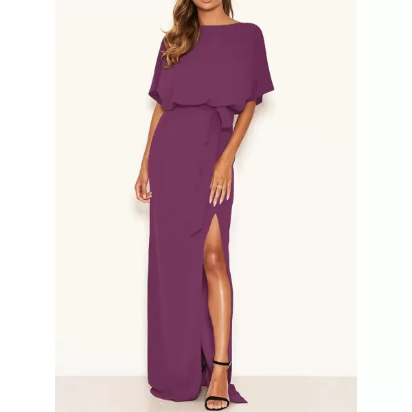 Happy Sailed Womens Formal Dress Batwing Sleeve Waist Belted High Slit Long Maxi Cocktail Party Dresses Evening Gown