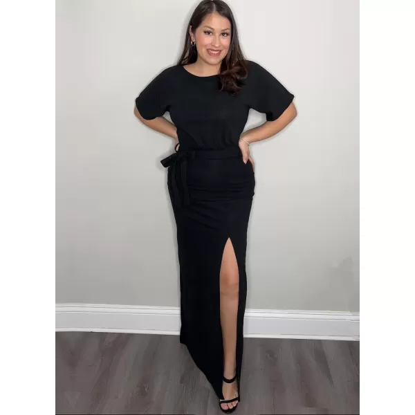 Happy Sailed Womens Formal Dress Batwing Sleeve Waist Belted High Slit Long Maxi Cocktail Party Dresses Evening Gown