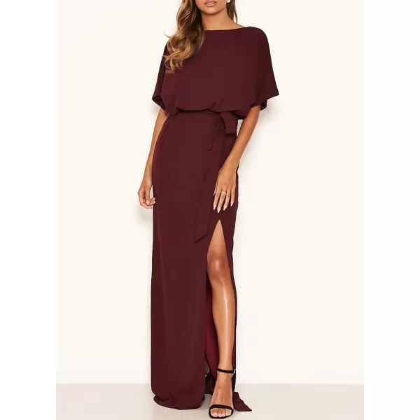 Happy Sailed Womens Formal Dress Batwing Sleeve Waist Belted High Slit Long Maxi Cocktail Party Dresses Evening Gown