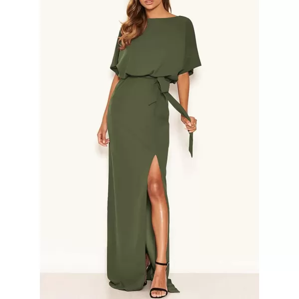 Happy Sailed Womens Formal Dress Batwing Sleeve Waist Belted High Slit Long Maxi Cocktail Party Dresses Evening Gown