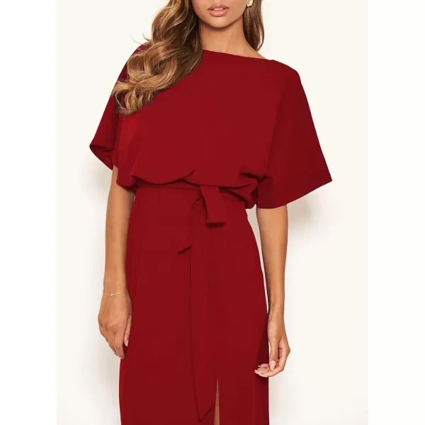 Happy Sailed Womens Formal Dress Batwing Sleeve Waist Belted High Slit Long Maxi Cocktail Party Dresses Evening Gown