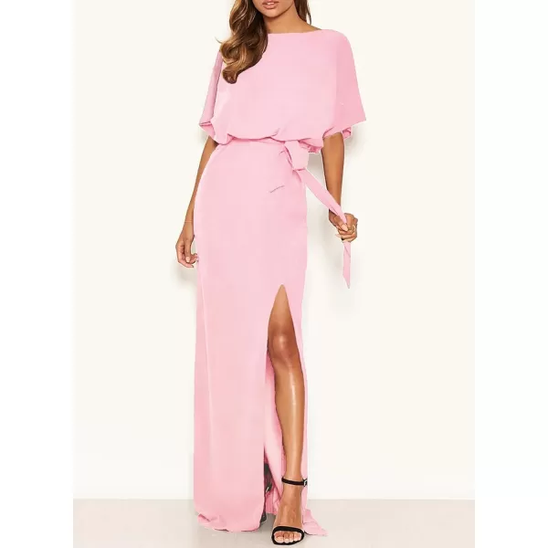Happy Sailed Womens Formal Dress Batwing Sleeve Waist Belted High Slit Long Maxi Cocktail Party Dresses Evening Gown