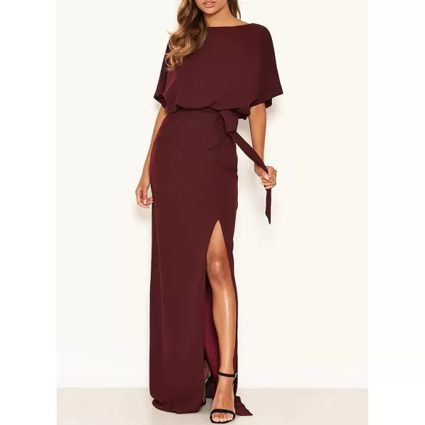 Happy Sailed Womens Formal Dress Batwing Sleeve Waist Belted High Slit Long Maxi Cocktail Party Dresses Evening Gown
