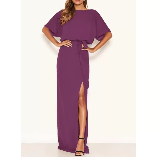 Happy Sailed Womens Formal Dress Batwing Sleeve Waist Belted High Slit Long Maxi Cocktail Party Dresses Evening Gown