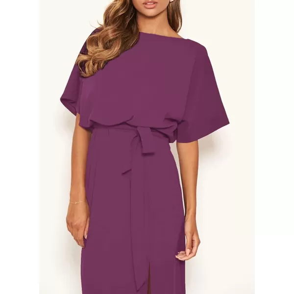 Happy Sailed Womens Formal Dress Batwing Sleeve Waist Belted High Slit Long Maxi Cocktail Party Dresses Evening Gown