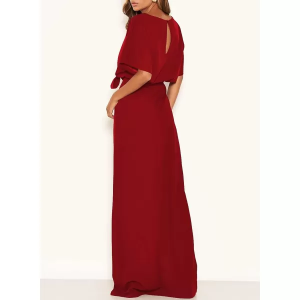 Happy Sailed Womens Formal Dress Batwing Sleeve Waist Belted High Slit Long Maxi Cocktail Party Dresses Evening Gown
