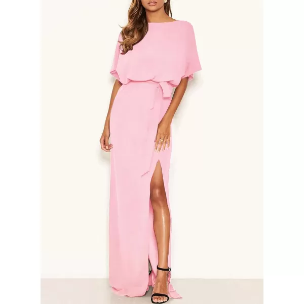 Happy Sailed Womens Formal Dress Batwing Sleeve Waist Belted High Slit Long Maxi Cocktail Party Dresses Evening Gown