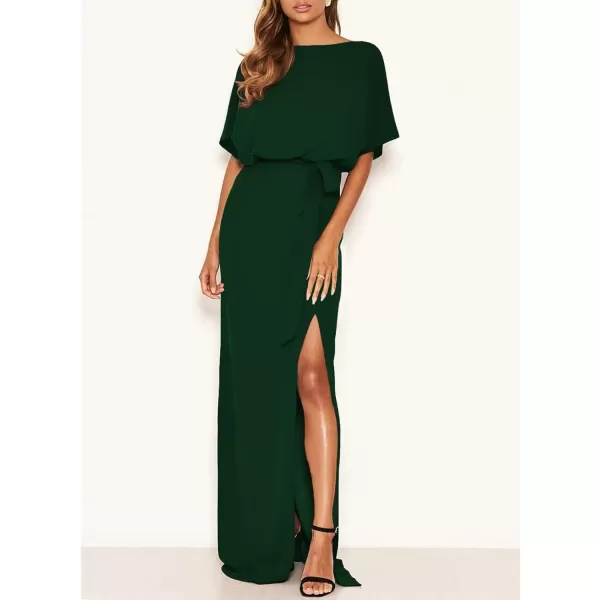 Happy Sailed Womens Formal Dress Batwing Sleeve Waist Belted High Slit Long Maxi Cocktail Party Dresses Evening Gown