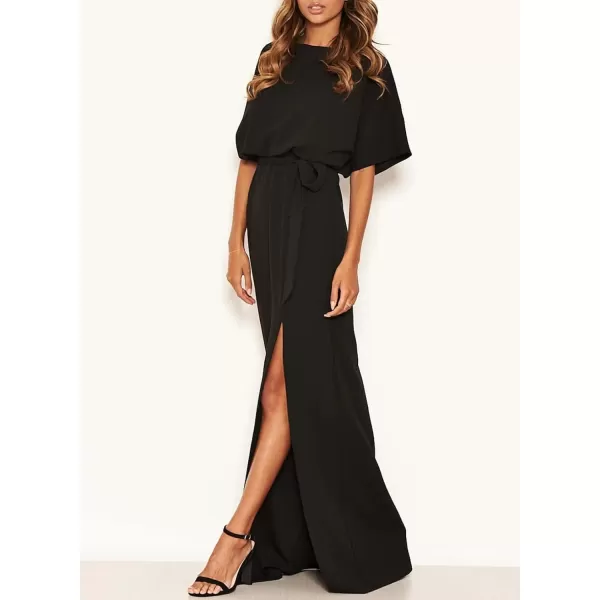 Happy Sailed Womens Formal Dress Batwing Sleeve Waist Belted High Slit Long Maxi Cocktail Party Dresses Evening Gown